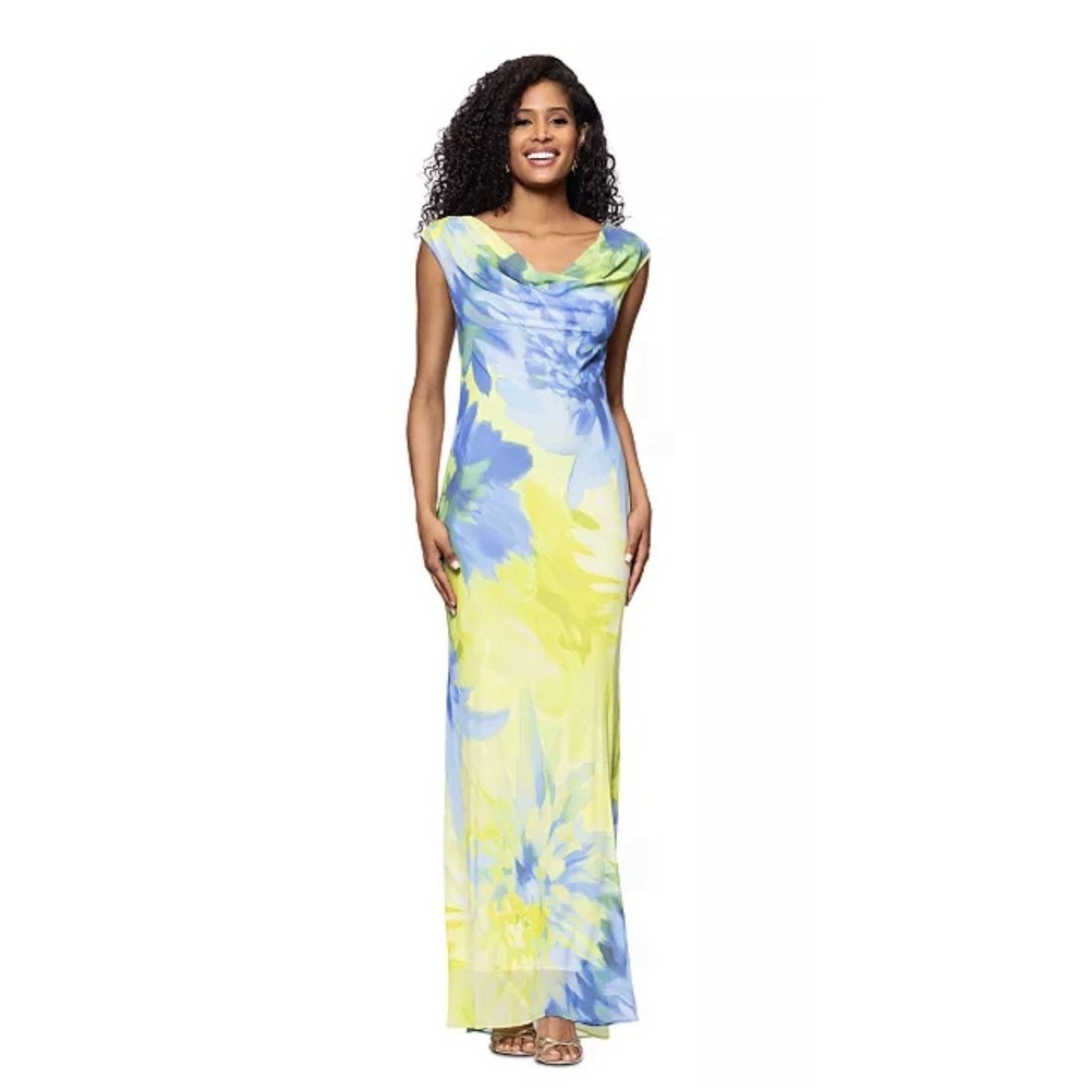Betsy & Adam Citrine Abstract Floral Cowl Neck Chiffon Gown Size 8P $269